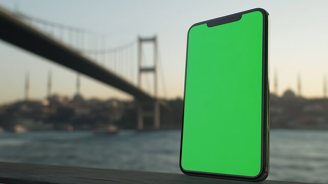 An elegant cellphone, with a green screen, standing in front of the bridge on a blurred background. Capture memories in stunning clarity with its advanced camera technology.