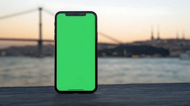 A smartphone with a green screen on a wooden surface, set against a blurred cityscape and waterway, captures a blend of technology and scenic beauty in a muted color palette.