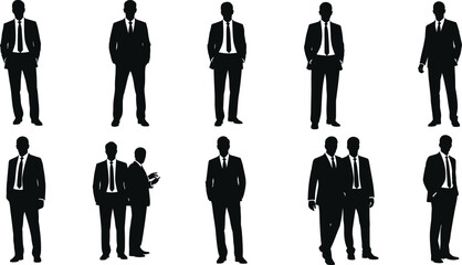 Businessman silhouette collection, black vector professionals, corporate poses and gestures, formal attire icons, office illustration, executive interaction design, leadership concept art