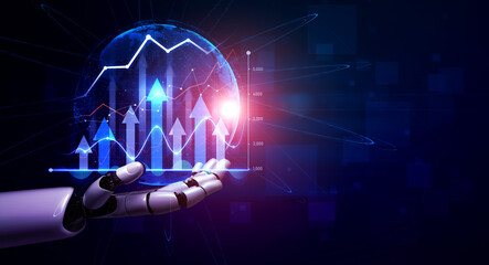 A robotic hand presents an engaging data visualization theme, featuring upward trends and glowing...