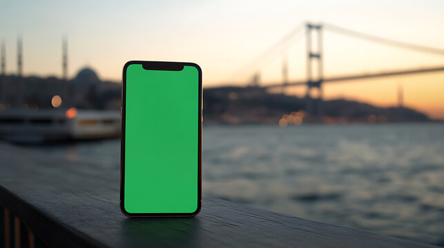 Smartphone displaying a green screen stands on a wooden surface with a beautiful view of a city skyline, water, and an illuminated bridge in the soft light of the setting sun.