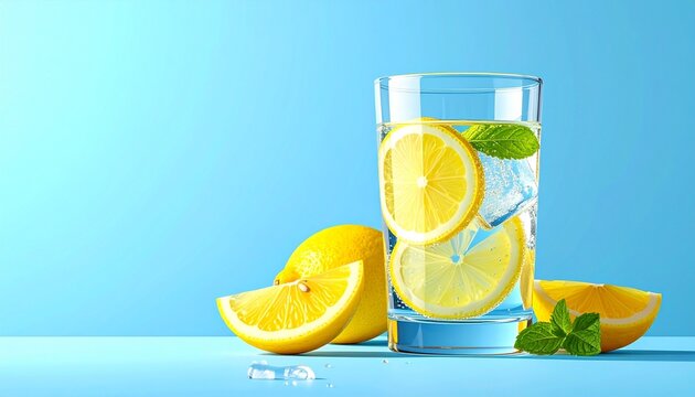 A glass of lemon water with ice cubes, mint leaves, and lemon slices, placed on a light blue surface with gradient blue background. Surrounded by lemon wedges and mint sprigs. Bright, fresh, and summe
