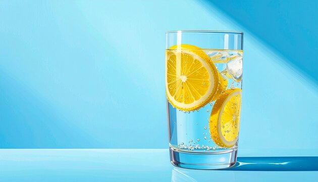 A glass of lemon water with ice cubes, mint leaves, and lemon slices, placed on a light blue surface with gradient blue background. Surrounded by lemon wedges and mint sprigs. Bright, fresh, and summe