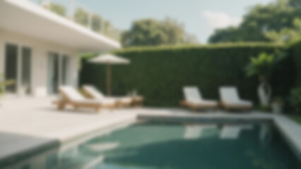 Obraz premium Blurry image of a swimming pool in a modern house, blending with nature with many trees surrounding the pool.