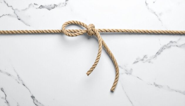 A tan rope tied in a simple overhand knot, resting horizontally on white marble with gray veining. Minimalist composition, focus on texture and form.