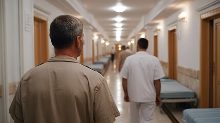 Obraz premium Men walking down a long institutional hallway lined with beds