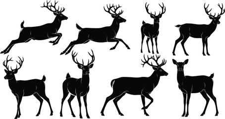Deer silhouette set, black vector animals, antlered wildlife icons, nature illustration, forest creature poses, leaping and standing deer, rustic design elements