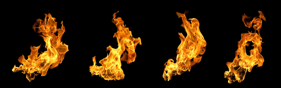 Collection of bright orange flames isolated on black background, realistic fire shapes with glowing heat ideal for design, photo effects, or energy concept visuals.