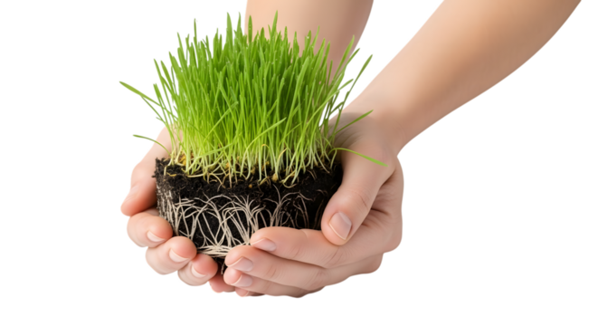 Hands gently holding a clump of fresh green grass with soil and roots against a dark background