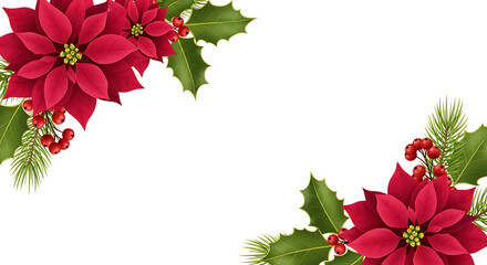 Red Poinsettias and Holly Sprigs Border on Black christmas