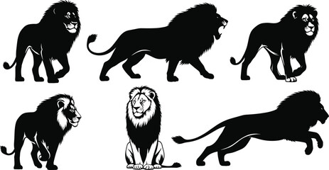 Lion silhouette set, black vector animals, roaring and leaping lions, majestic wildlife icons, nature illustration, powerful predator design, jungle artwork