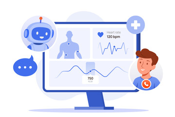 AI medical chatbot on a desktop monitor displaying a patient health dashboard with heart rate, body analysis, and calorie data. Remote monitoring illustration concept.
