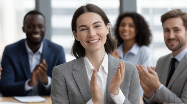 In a modern conference room, a diverse group of colleagues expresses their appreciation by applauding. Their smiles reflect a sense of achievement and teamwork after a successful presentation
