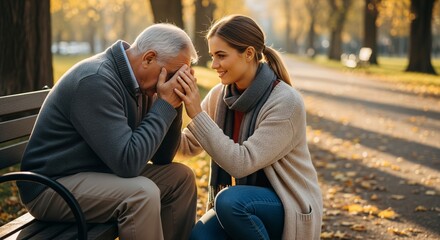 Support and Solace: A kind soul offers a comforting hand to an older individual, conveying empathy and support in a moment of distress in park.