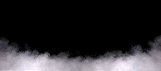 White smoke rising from the bottom on black background, creating foggy atmosphere and soft texture. Ideal for design, presentation background, or cinematic scene effects.