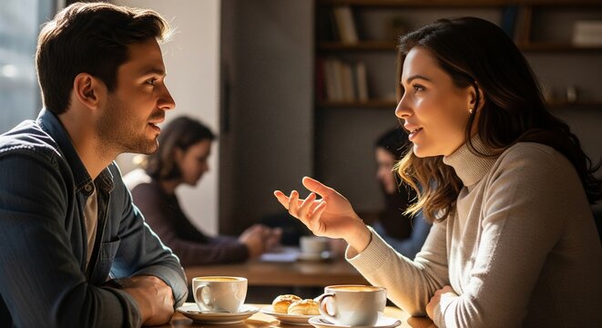 Dialogue in the Cafe: A moment of intimate conversation unfolds as a couple engages in a deep discussion within a cozy cafe setting, highlighting connection and shared experience. - Powered by Adobe