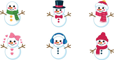 Collection of six adorable cartoon snowmen with winter accessories