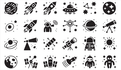 Naklejka premium Astronomy silhouette collection featuring rockets, UFOs, and astronauts for science design themes