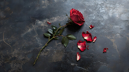 Striking red rose still life with scattered petals, symbol of love, loss, or remembrance, perfect for Valentine's Day cards and romantic designs