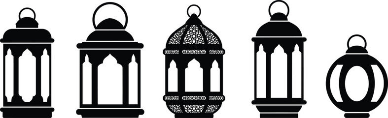 Traditional lantern silhouettes, black vector lamps, Islamic festive decor, ornate hanging lights, vintage illumination icons, cultural lighting elements, Ramadan design inspiration