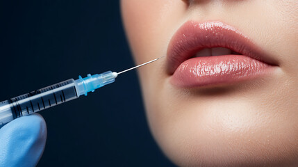 Lip Enhancement Procedure: A close-up captures a medical professional injecting filler into a patient's lips, enhancing their shape and volume for a fuller, more youthful appearance.