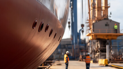 Fototapeta premium Shipyard scene: Large vessel under construction, workers in safety vests, and towering cranes, showcasing the scale of shipbuilding and maritime engineering.