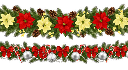 Two Rows of Christmas Garlands with Poinsettias and Ornaments