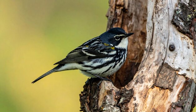 A small, colorful songbird with black and white streaks sits perched on the edge of a weathered tree trunk with a hollow