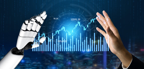 A captivating image showing a human hand reaching out to a robotic hand against a backdrop of vibrant financial data, showcasing the fusion of technology and finance. Scalp