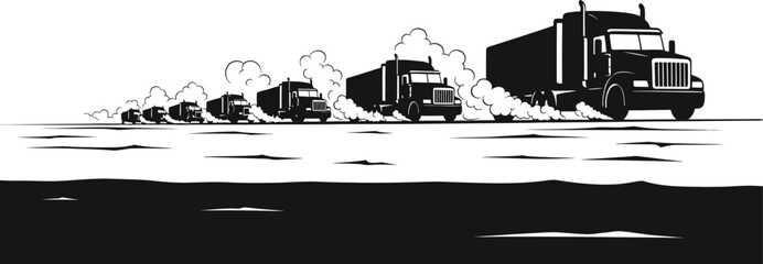 Naklejka premium A convoy of semitrucks travels along the road, each leaving a trail of smoke, isolated on white background a monochrome illustration of transportation