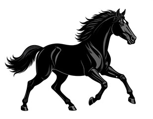 Obraz premium A sleek, black equine illustration in mid-stride. Mane and tail are flowing. The animal is full of energy. A stark white backdrop