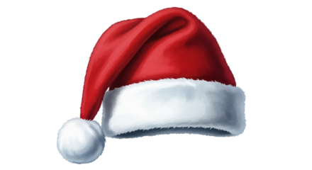 A realistic depiction of a red santa hat with plush white fur trim and a soft pompom, isolated on transparent background