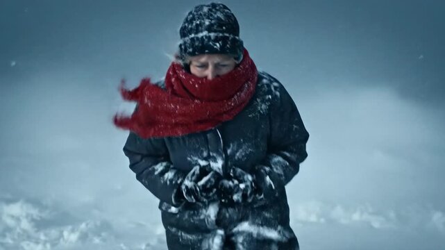 A woman battles against a fierce snowstorm at night. She pulls her scarf tight as she walks slowly through heavy snow, trying to stay warm. The quiet winter surroundings add to the harsh atmosphere.