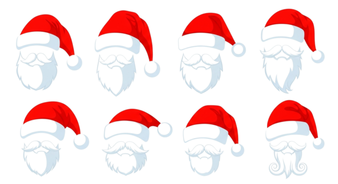 A collection of eight different santa hats and beards, isolated on transparent background