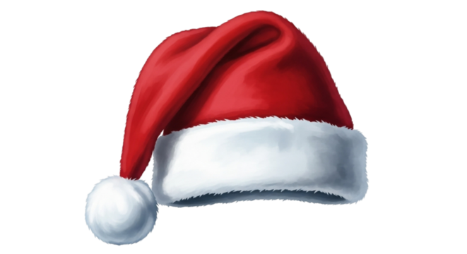 A realistic depiction of a red santa hat with plush white fur trim and a soft pompom, isolated on transparent background