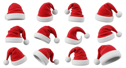 A grid of twelve red santa hats with white fur trim and pompoms, isolated on transparent background