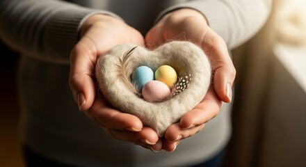 A Tender Embrace of New Life: A pair of hands cradles a heart-shaped nest filled with delicate eggs, evoking feelings of nurture, protection, and the promise of new beginnings.