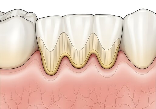 Graphic illustration of tooth abrasion at the gumline showing notched grooves from over-brushing, demonstrating dental damage from improper oral hygiene.