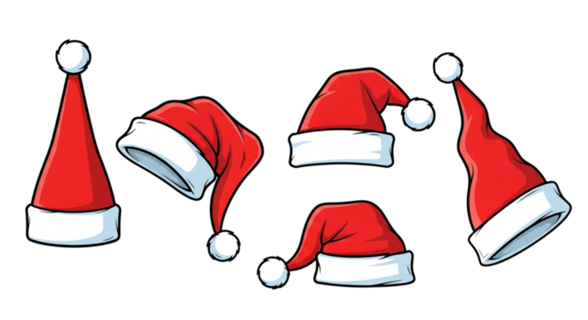 Collection of five cartoonstyle santa hats with white trim and pompoms, isolated on transparent background - Powered by Adobe