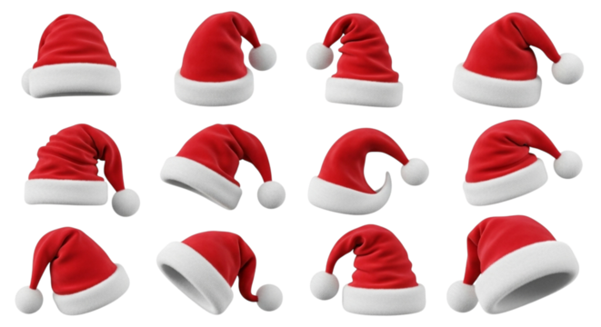 A grid of twelve red santa hats with white fur trim and pompoms, isolated on transparent background