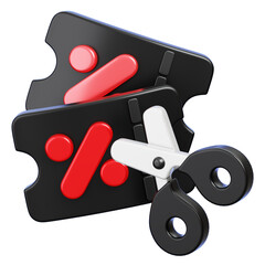 Black and Red Discount Coupon Being Cut by Scissors, Voucher for Price Reduction. 3D Rendering