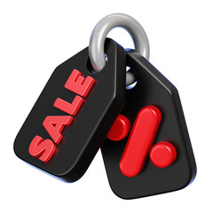 Black and Red Hanging Price Tag with Sale Text and Percentage Symbol, Discount Label on Metal Loop. 3D Rendering