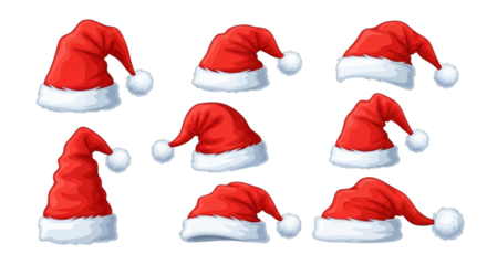 Group of nine red santa hats with white fur trim, each with a pompom, isolated on transparent background