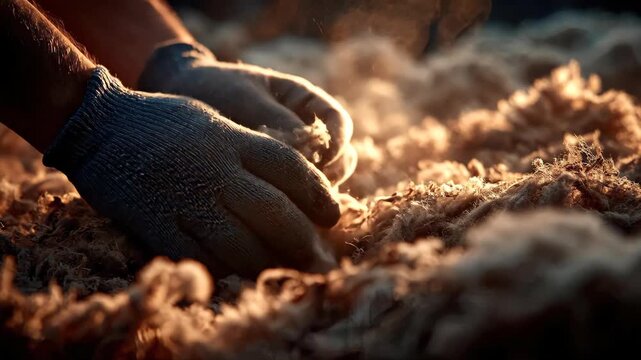 Gloved Hands Tilling Rich Soil At Dawn For Sustainable Gardening