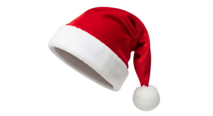 Single red santa hat with white trim and pompom, tilted to the side, isolated on transparent background