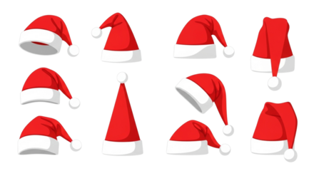 Set of eight red santa hats with white trim and pompoms, various angles, isolated on transparent background