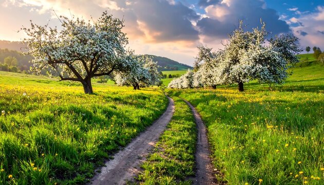 Idyllic spring landscape with blossoming trees and a winding path. - Powered by Adobe