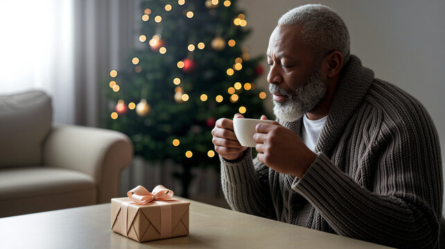 Elderly Black man sipping coffee while sitting next to Christmas gift