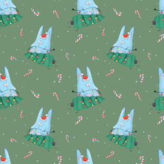 Materiał do szycia seamless pattern with cute rabbit and christmas tree