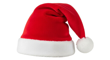 A single red santa hat with white trim and a fluffy pompom, presented in a closeup view on a transparent background, isolated on transparent background